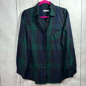 Orvis Womens Plaid Button Down Shirt with Beaded Trim Green Navy Preppy Classic